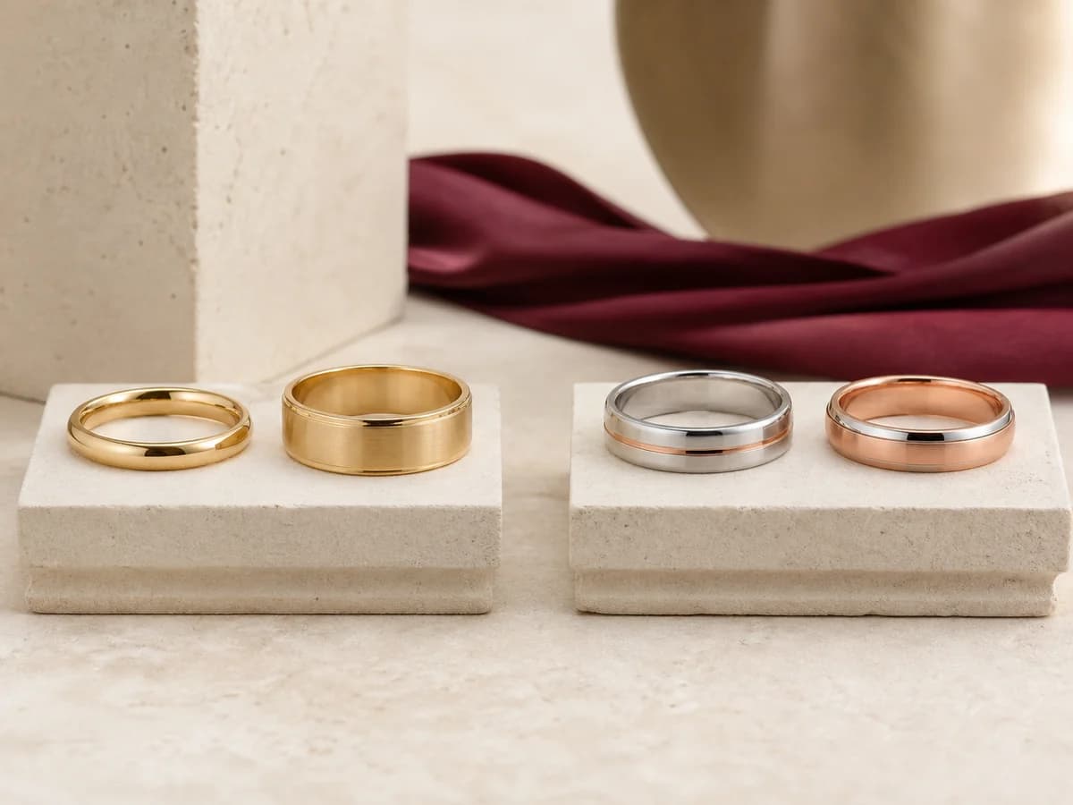Matching yellow-gold bands and a separate mixed white-and-rose-gold pair shown as two material directions.