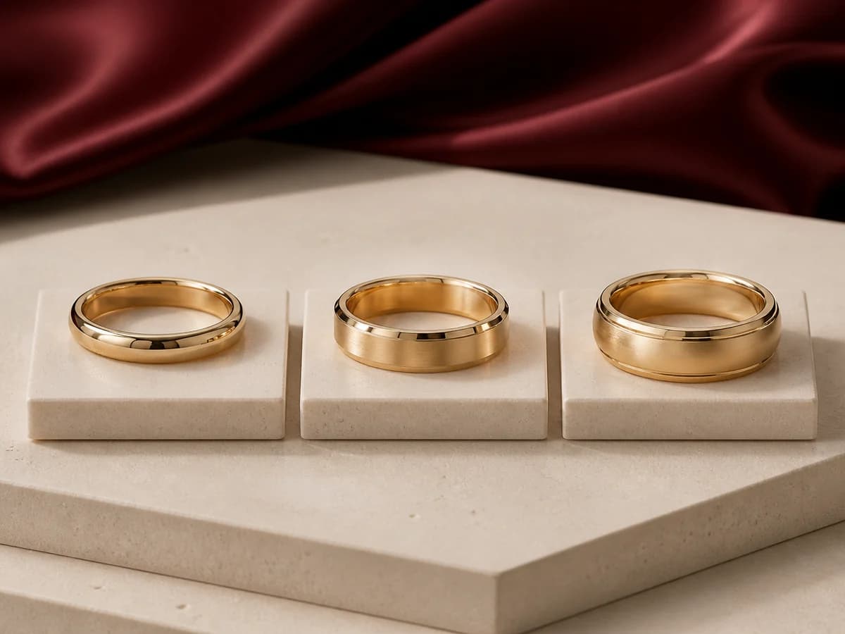 Three yellow-gold wedding bands with slender rounded, medium flat-beveled, and broad softly domed profiles.