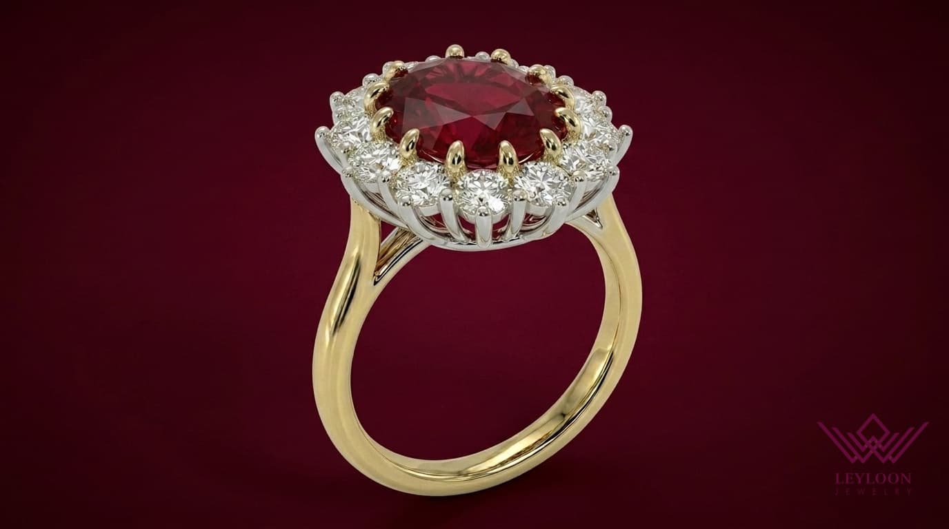 4 Carat Oval Cut Ruby Cathedral Two-Tone Ring