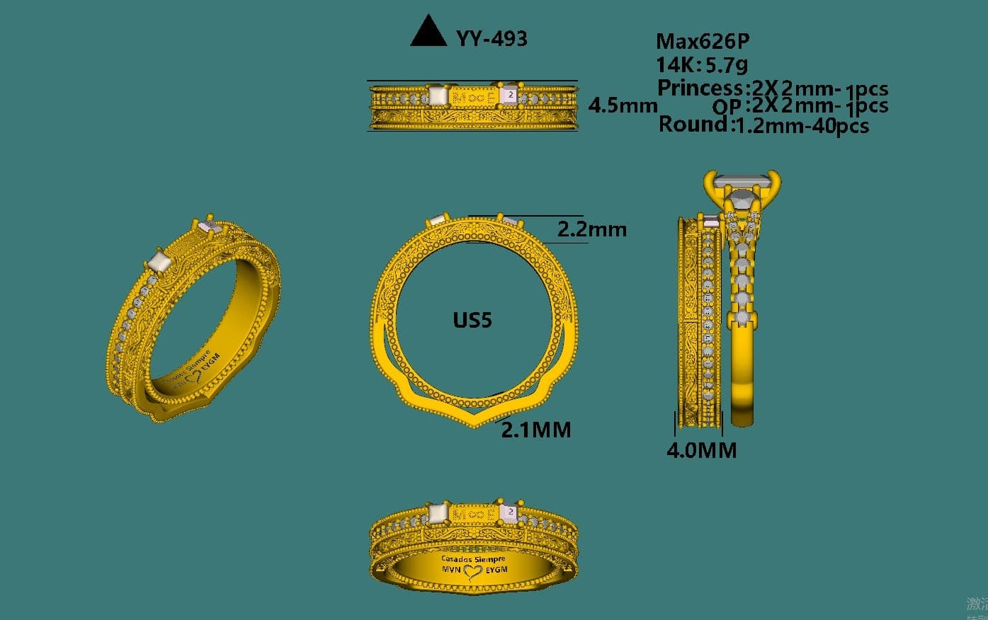Floral Filigree Engraved Band with Round Cut Lab Grown Diamonds - 14K Yellow Gold