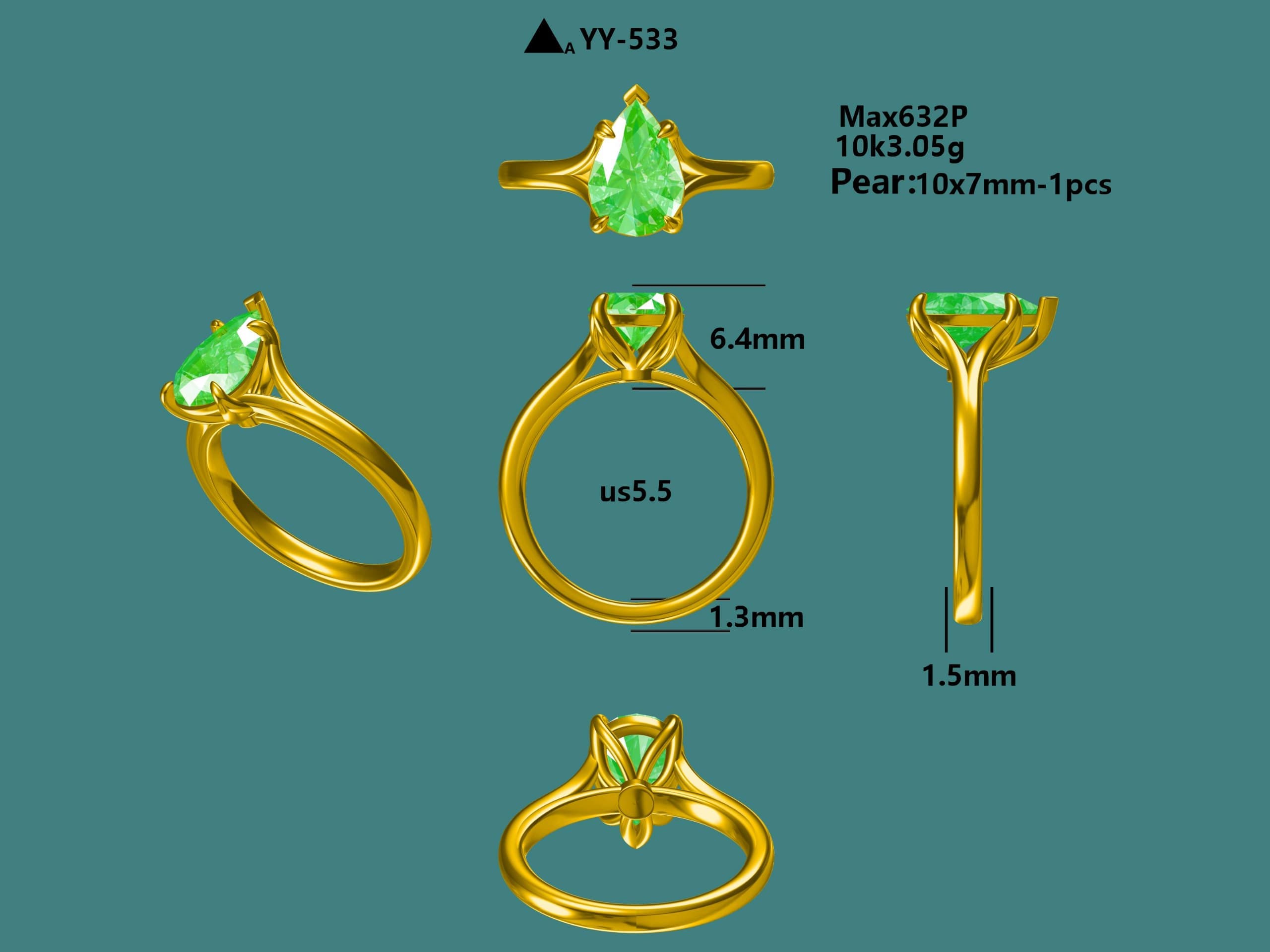 2 Carat Pear Cut Green Color Solitaire VVS Moissanite Ring - 10K Gold