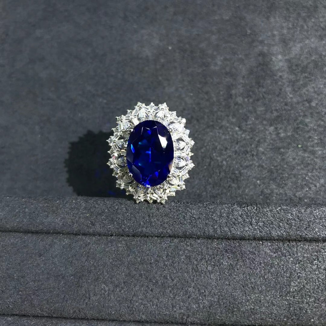 8 Carat Oval Cut Lab Grown Sapphire Snowflake Halo Ring