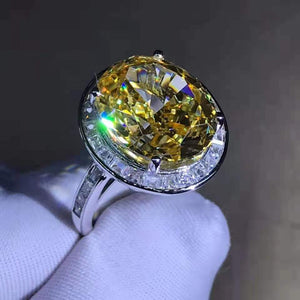 8 Carat Oval Cut Moissanite Ring Vivid Yellow VVS Halo Bead-set Cathedral