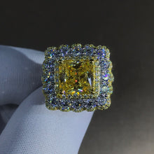 Load image into Gallery viewer, 4 Carat Square Radiant Cut Moissanite Ring Vivid Yellow VVS Two-tone Triple Halo Bead-set