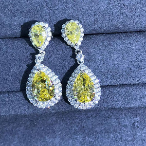 3 Carat Pear cut Yellow Double Halo Moissanite Dangling Earrings