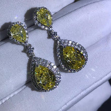 Load image into Gallery viewer, 3 Carat Pear cut Yellow Double Halo Simulated Moissanite Dangling Earrings