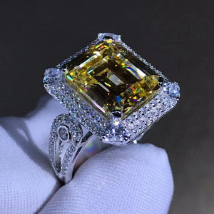 6 Carat Radiant Cut Moissanite Ring Vivd Yellow VVS Double Halo Split Shank