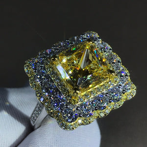4 Carat Square Radiant Cut Moissanite Ring Vivid Yellow VVS Two-tone Triple Halo Bead-set