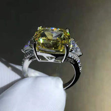 Load image into Gallery viewer, 6 Carat Cushion Cut Moissanite Ring Vivid Yellow VVS Three Stone Cathedral Bead-set
