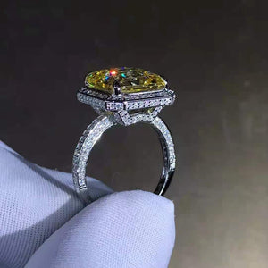 6 Carat Radiant Cut Moissanite Ring Vivid Yellow VVS Bead-set Double Edge Halo Pave Wrap