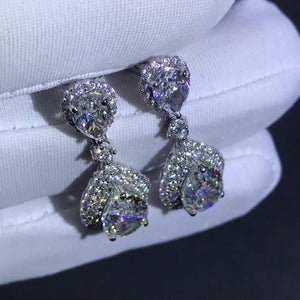 3 Carat Pear cut Colorless Double Halo Simulated Moissanite Dangling Earrings