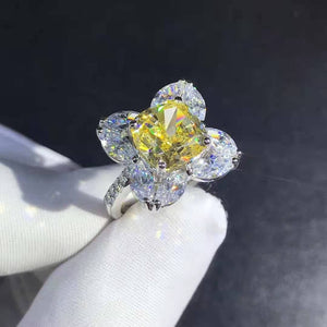 5 Carat Cushion Marquise Moissanite Ring Vivid Yellow VVS 9 Stone Flower Halo Bead-set
