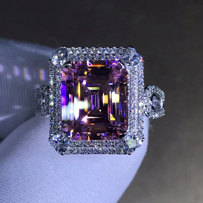 Beautiful 6 Carat Light Champagne Pink Emerald Cut VVS Moissanite Ring