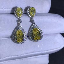 Load image into Gallery viewer, 3 Carat Pear cut Yellow Double Halo Moissanite Dangling Earrings