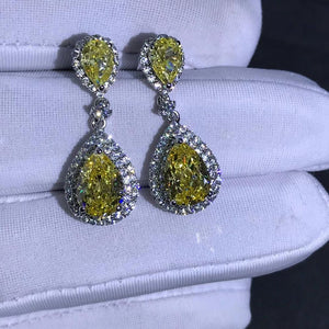 3 Carat Pear cut Yellow Double Halo Moissanite Dangling Earrings