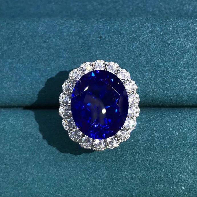 15 Carat Oval Cut Lab Grown Sapphire Halo Ring