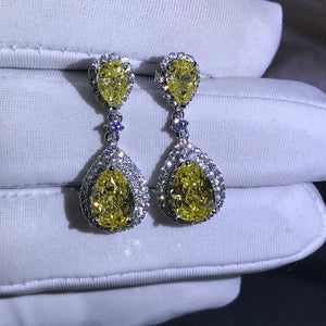 3 Carat Pear cut Yellow Double Halo Simulated Moissanite Dangling Earrings