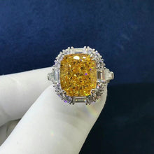 Load image into Gallery viewer, 8 Carat Cushion Cut Moissanite Ring Vivid Yellow VVS Double Claw Halo Three Stone
