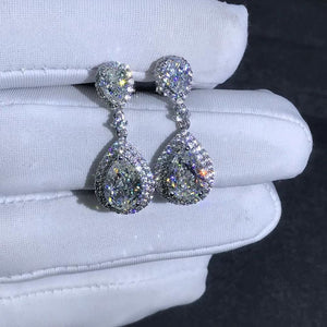 3 Carat Pear cut Colorless Double Halo Moissanite Dangling Earrings