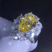 Load image into Gallery viewer, 6 Carat Pear Cut Moissanite Ring Vivid Yellow VVS 11 Stone Halo Cathedral