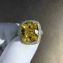 Load image into Gallery viewer, 10 Carat Cushion Moissanite Ring Vivid Yellow VVS Two-tone Double Edge Halo Pave Wrap
