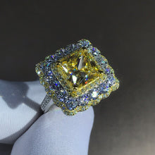 Load image into Gallery viewer, 4 Carat Square Radiant Cut Moissanite Ring Vivid Yellow VVS Two-tone Triple Halo Bead-set