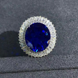 15 Carat Oval Cut Blue Lab Grown Sapphire Snowflake Halo Ring