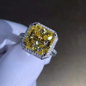 6 Carat Radiant Cut Moissanite Ring Vivid Yellow VVS Bead-set Double Edge Halo Pave Wrap