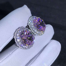 Load image into Gallery viewer, 15 Carat TW Light Champaign Pink Oval Cut Halo VVS Simulated Moissanite Stud Earrings