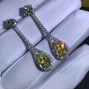 3 Carat Pear cut Yellow Halo Moissanite Dangling Earrings