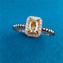 Load image into Gallery viewer, 1 Carat Radiant Cut Moissanite Ring Halo Scalloped Shank Certified VVS Yellow