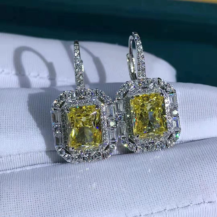 2 Carat Radiant Cut Yellow Double Halo Moissanite Lever Back Earrings