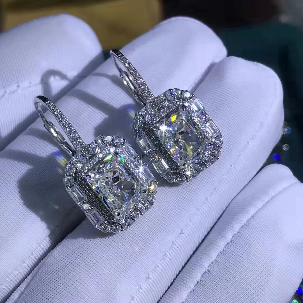 2 Carat Radiant Cut K-M Colorless Halo Simulated Moissanite Lever Back Earrings