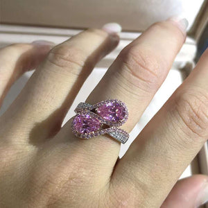 3 Carat Pink Pear Cut Two Stone Halo Bead-set Two-tone VVS Moissanite Ring