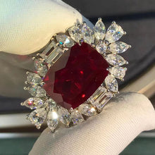 Load image into Gallery viewer, BIG 10 Carat VVS Cushion cut Red Lab Ruby Double Halo Ring