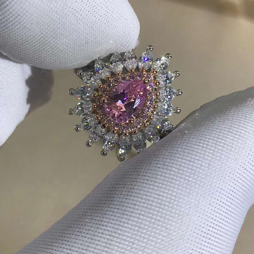 1 Carat Pink Pear Cut Double Halo Starburst Bead-set Moissanite Ring