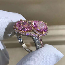 Load image into Gallery viewer, 3 Carat Pink Pear Cut Two Stone Halo Bead-set Two-tone VVS Moissanite Ring