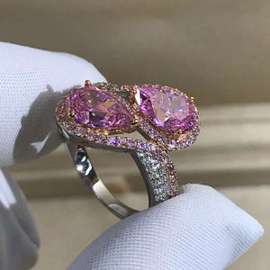 3 Carat Pink Pear Cut Two Stone Halo Bead-set Two-tone VVS Moissanite Ring