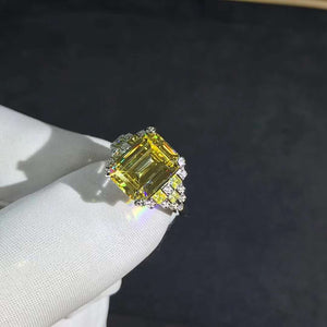 5 Carat Emerald Cut Moissanite Ring Vivid Yellow VVS Side stone Plain Shank