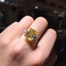 Load image into Gallery viewer, 5 Carat Emerald Cut Moissanite Ring Vivid Yellow VVS Three Stone Basket