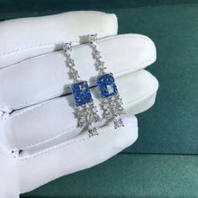 Load image into Gallery viewer, 3 Carat Crushed Ice Radiant cut Blue Moissanite Dangling Earring