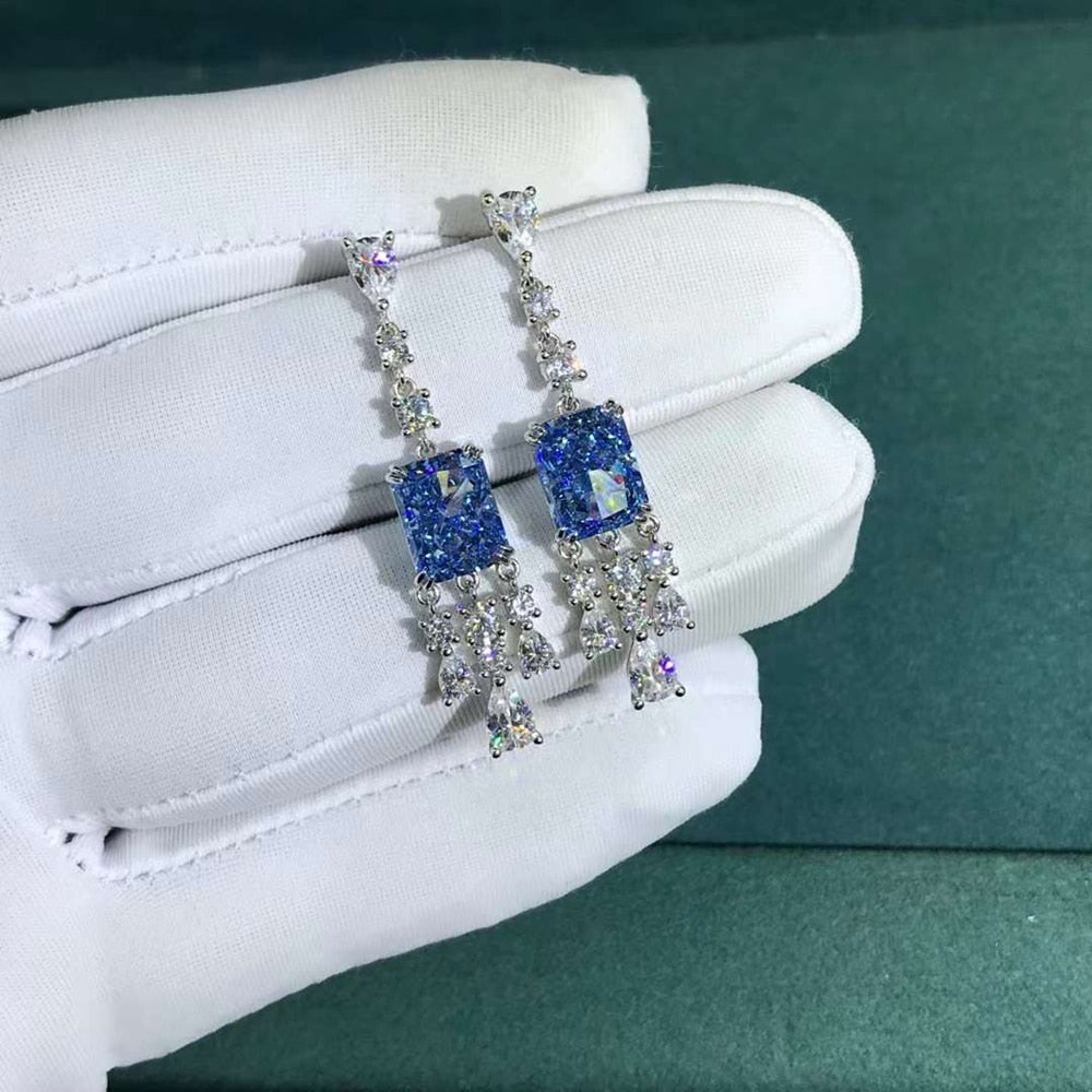 3 Carat Crushed Ice Radiant cut Blue Moissanite Dangling Earring