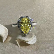 Load image into Gallery viewer, 4 Carat Pear Cut Moissanite Ring Vivid Yellow VVS Halo Cathedral Pinched Shank