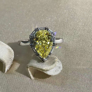 4 Carat Pear Cut Moissanite Ring Vivid Yellow VVS Halo Cathedral Pinched Shank