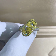 Load image into Gallery viewer, 3 Carat Pear Cut Moissanite Ring Vivid Yellow VVS Two Stone Halo Bead-set Two-tone
