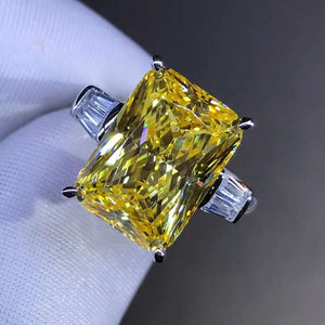 6 Carat Elongated Cushion Cut Moissanite Ring Vivid Yellow VVS 3 Stone