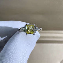 Load image into Gallery viewer, 1 Carat Radiant Cut Moissanite Ring Vivid Yellow VVS Three Stone Cathedral