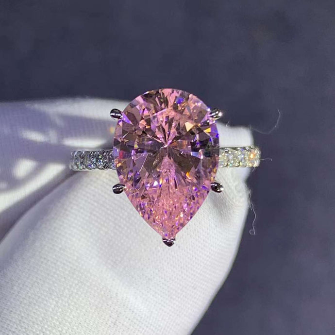 6 Carat Pink Pear Cut Moissanite 5 Claw Basket French Pave VVS Ring