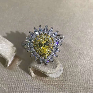 1 Carat Pear Cut Moissanite Ring Vivid Yellow VVS Double Halo Starburst Bead-set