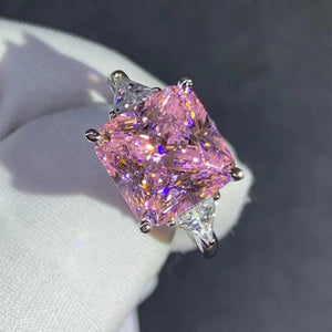 6 Carat Pink Square Radiant Cut 4 Claw Three Stone VVS Moissanite Ring